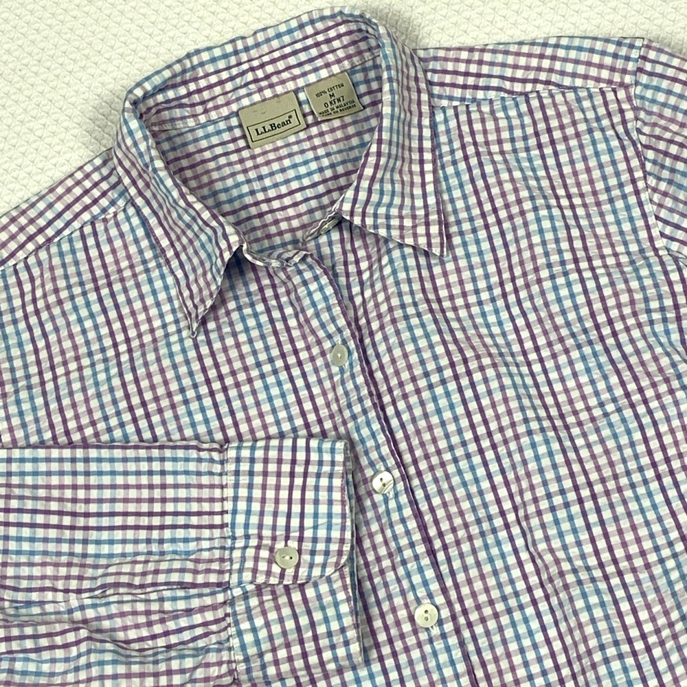 LL Bean Plaid Button Down Shirt Womens Medium 3/4 Sleeve Cotton Blouse Purple